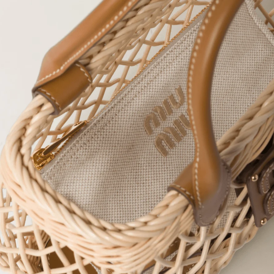 Miu Miu Woven Fabric Handbag With Leather Trim Tan/Caramel - Image 5