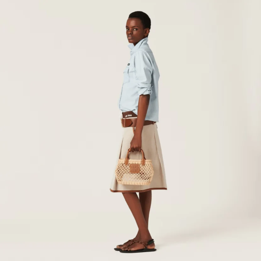 Miu Miu Woven Fabric Handbag With Leather Trim Tan/Caramel - Image 6