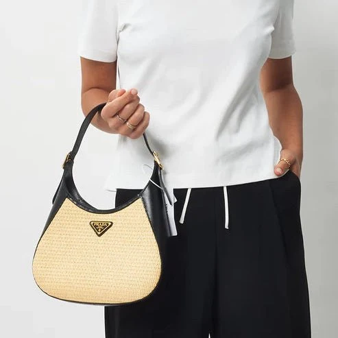 Prada Beige Raffia & Black Leather Small Cleo Bag - Image 5