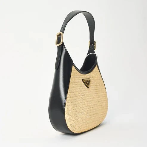 Prada Beige Raffia & Black Leather Small Cleo Bag - Image 6