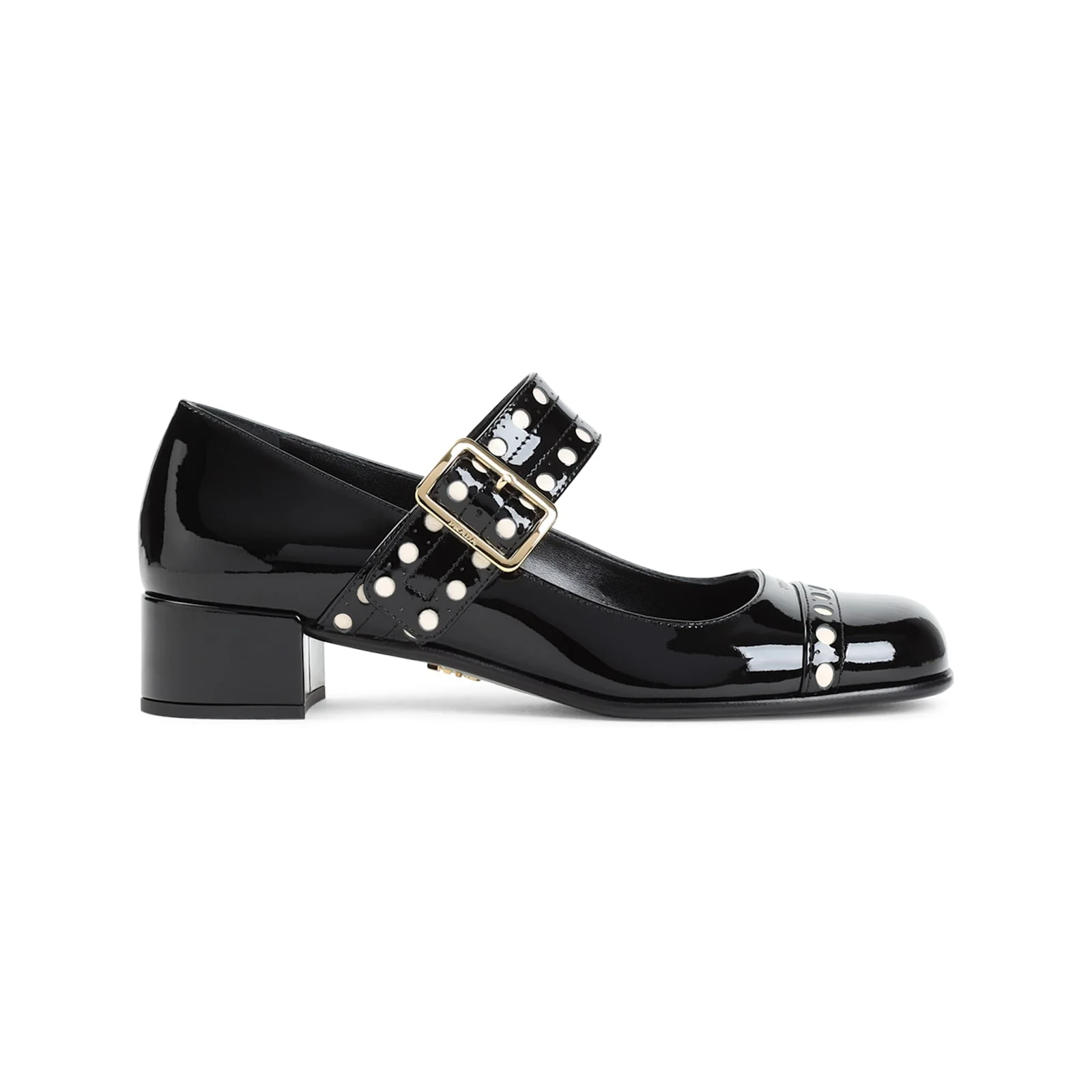Prada Block Heel Round Toe Patent Finish Studded Detail In Black - Image 2