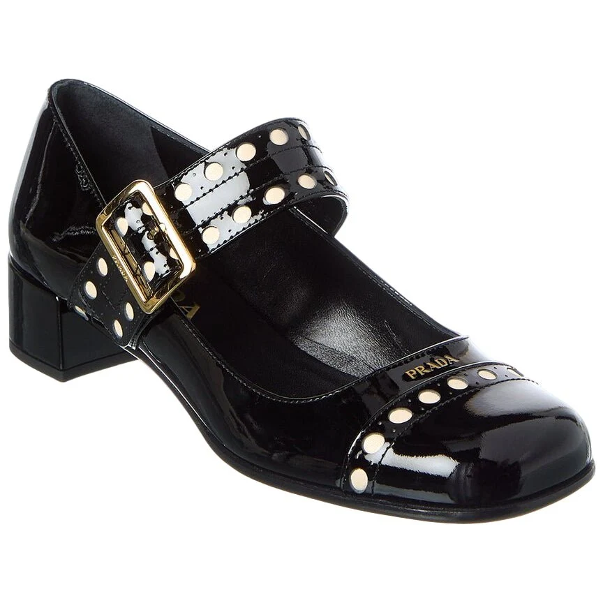 Prada Block Heel Round Toe Patent Finish Studded Detail In Black - Image 3