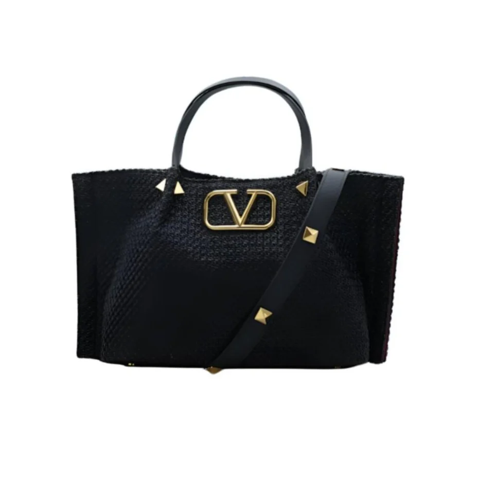 Valentino Garavani Medium Straw Summer Tote Natural Shopper Black