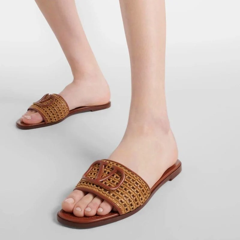 Valentino Vlogo Embellished Woven Leather and Raffia Slides - Image 3
