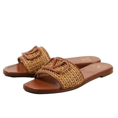 Valentino Vlogo Embellished Woven Leather and Raffia Slides - Image 4