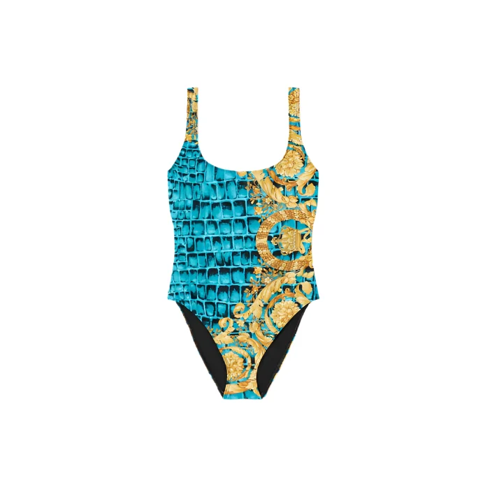 Versace Underwear Blue & Yellow Barrocodile Swimsuit - Image 4