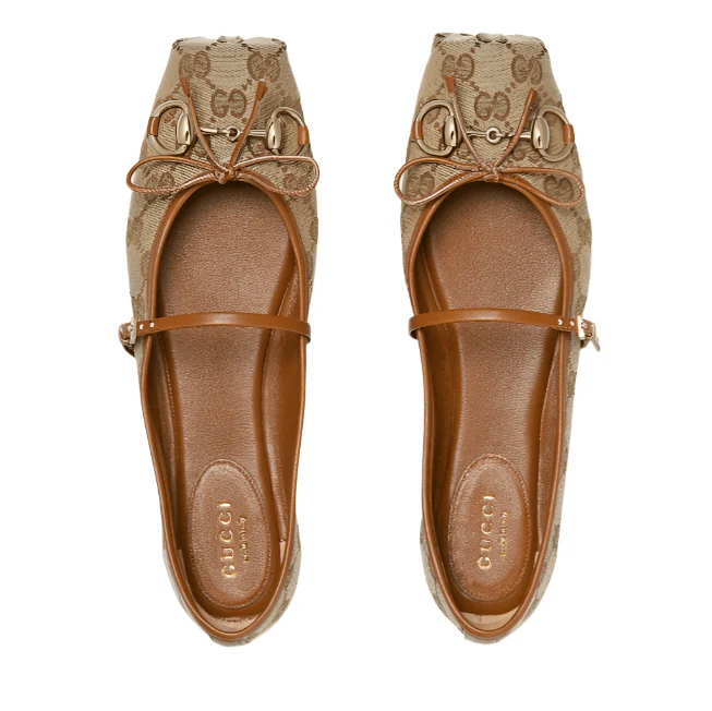 Women's Gucci Horsebit Ballet Flat Beige and Dark Brown GG Canvas - Image 2