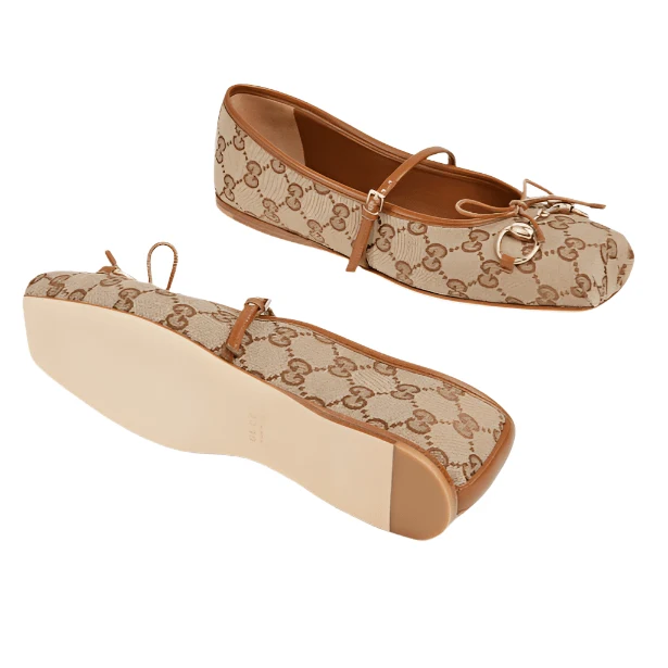 Women's Gucci Horsebit Ballet Flat Beige and Dark Brown GG Canvas - Image 5