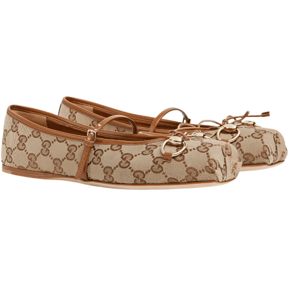 Women's Gucci Horsebit Ballet Flat Beige and Dark Brown GG Canvas - Image 6