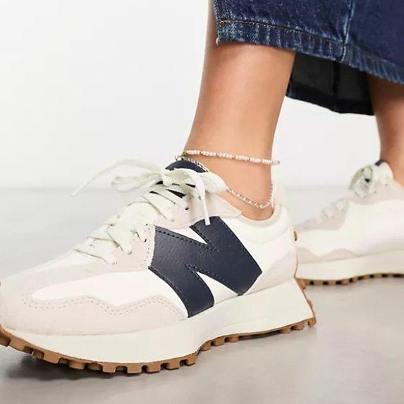 New Balance White/Navy Blue 327 Trainers - Image 5