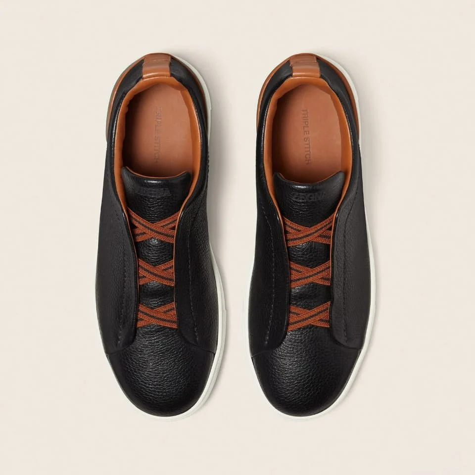Zegna Black Deerskin Triple Stitch Sneakers - Image 3