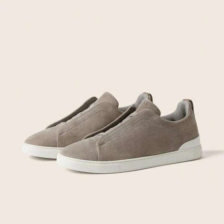 Zegna Grey Mélange Suede Triple Stitch Sneakers