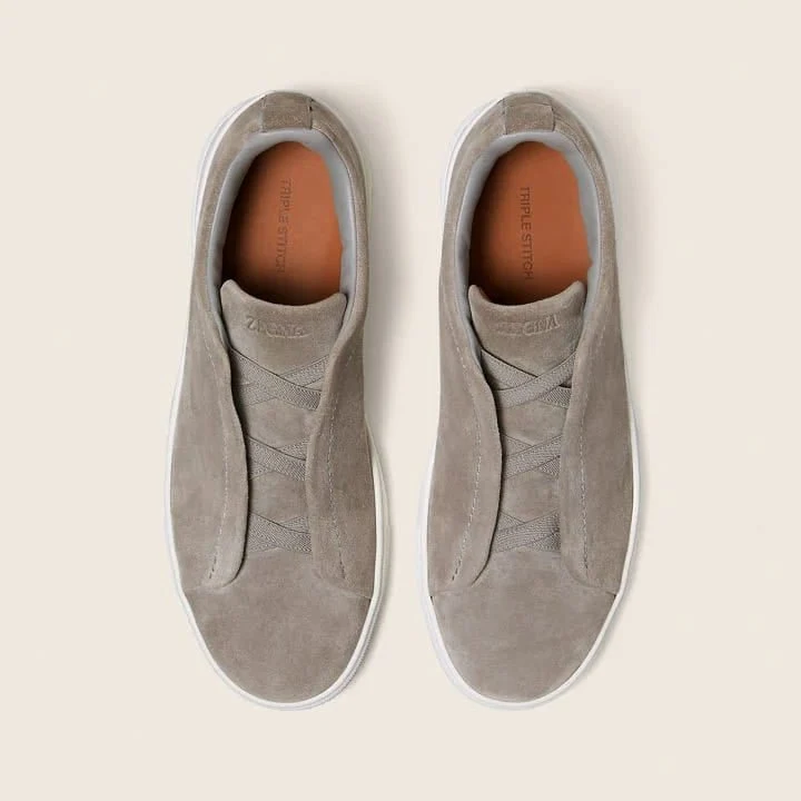 Zegna Grey Mélange Suede Triple Stitch Sneakers - Image 3
