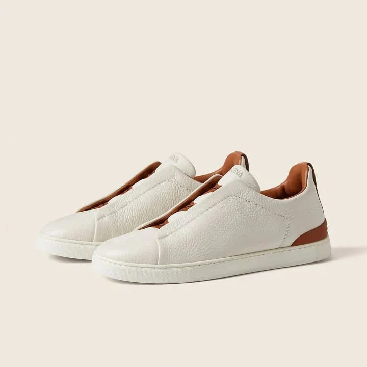 Zegna Off White Deerskin Triple Stitch Sneakers