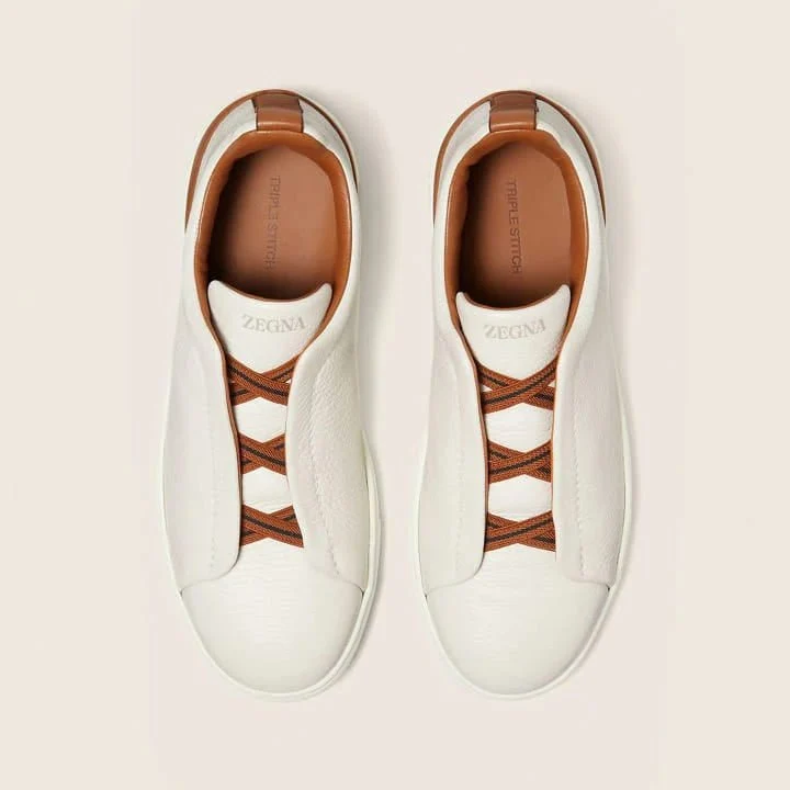 Zegna Off White Deerskin Triple Stitch Sneakers - Image 3